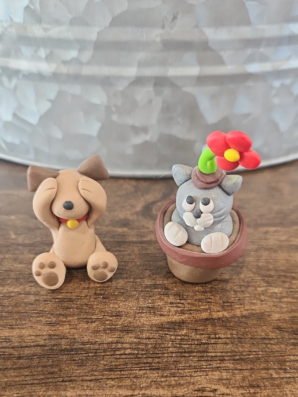 Handmade Clay Dog and Cat Plant Figurines - Brown & Gray